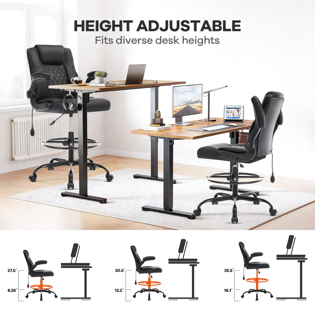 Leather Drafting Chair, Tall Office Chair for Standing Desk, High Executive Office Chair with Inflatable Lumbar Support,Adjustable Height,Flip-up Armres and Foot Ring Studio Chair Black