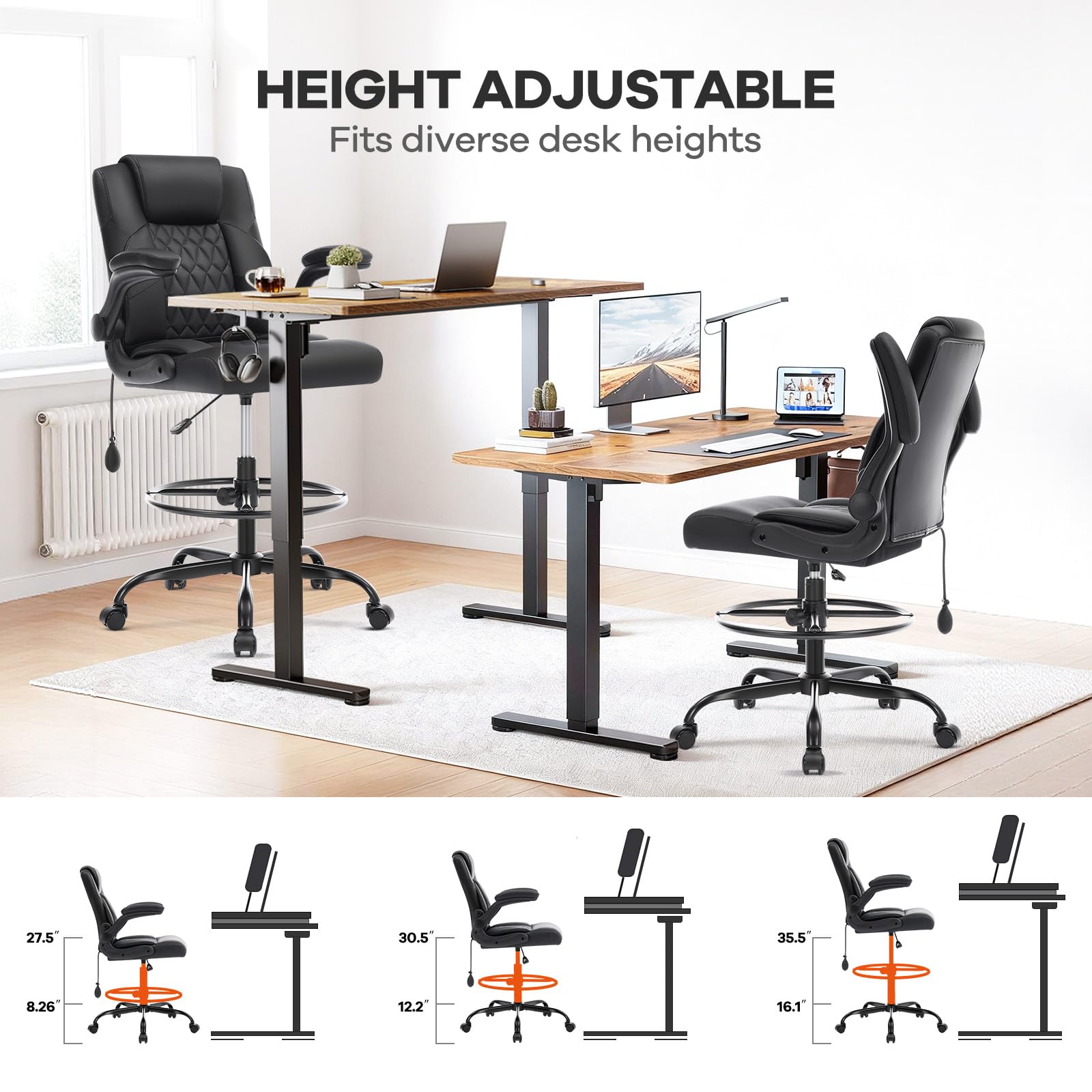 Leather Drafting Chair, Tall Office Chair for Standing Desk, High Executive Office Chair with Inflatable Lumbar Support,Adjustable Height,Flip-up Armres and Foot Ring Studio Chair Black