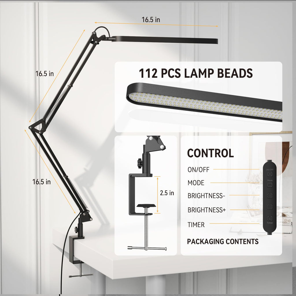 Desk Lamp for Office, Eye Comfortable LED Desk Light for Long Hours, Adjustable Swing Arm with Memory Function, Black