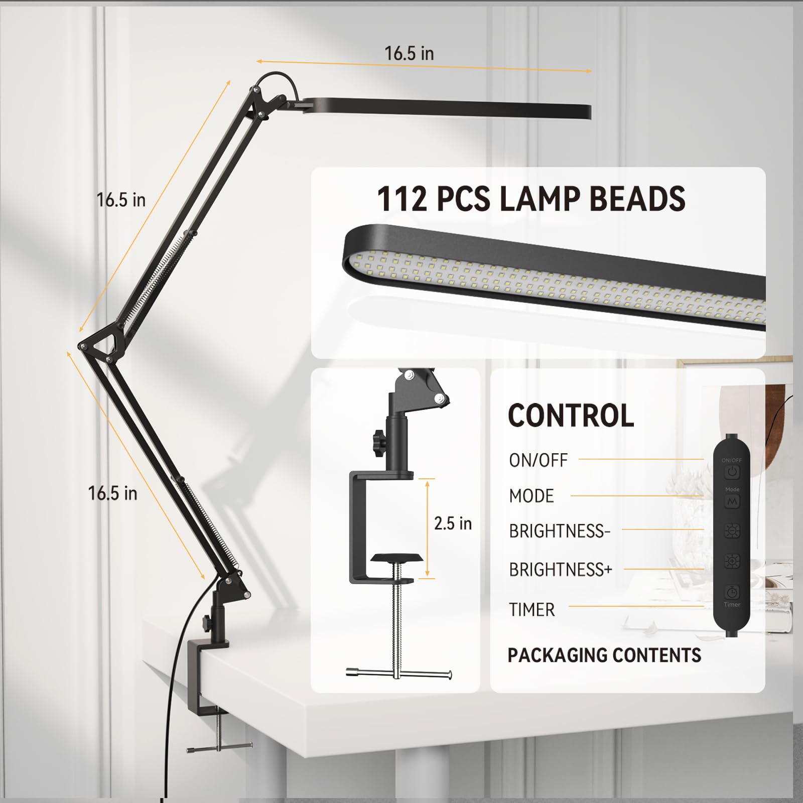 Desk Lamp for Office, Eye Comfortable LED Desk Light for Long Hours, Adjustable Swing Arm with Memory Function, Black