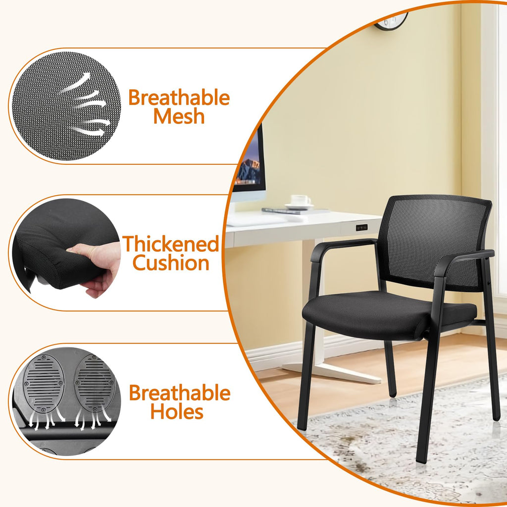 Mesh Back Stacking Arm Chairs with Upholstered Fabric Seat and Ergonomic Lumber Support for Office School Church Guest Reception Black