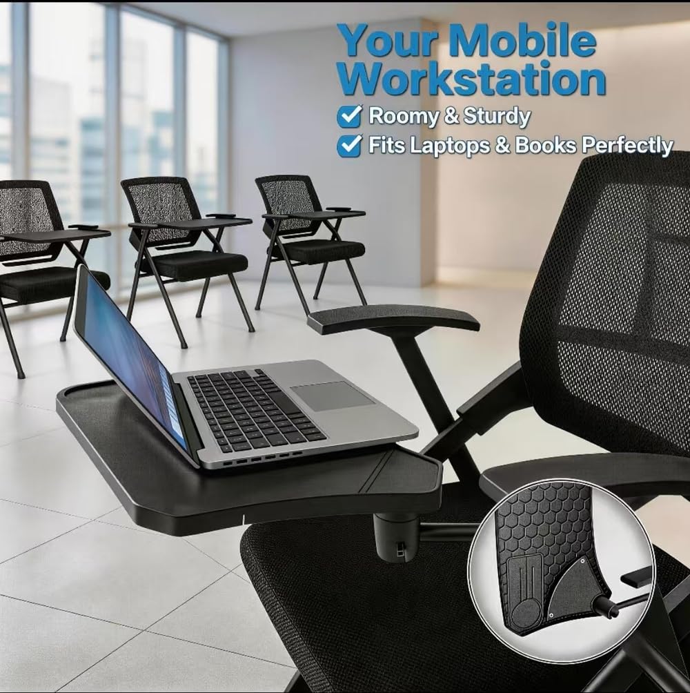 50 pk, Folding Training Chairs with Desk Attached, Mobile Office Meeting Chair with Writing Tablet and Cup Holder, Space-Saving Nesting Conference Chair for Classroom, Seminar