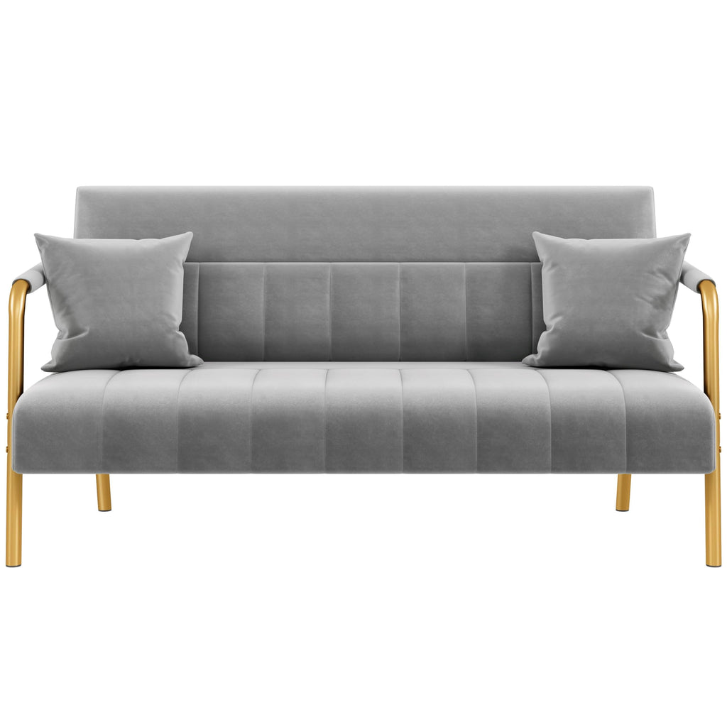 56.5" W Modern Sofa Small Sofa Luxurious Velvet Fabric Couch with Gold-Tone Metal Arms and Legs for Living Room, Office, Studio Light Gray