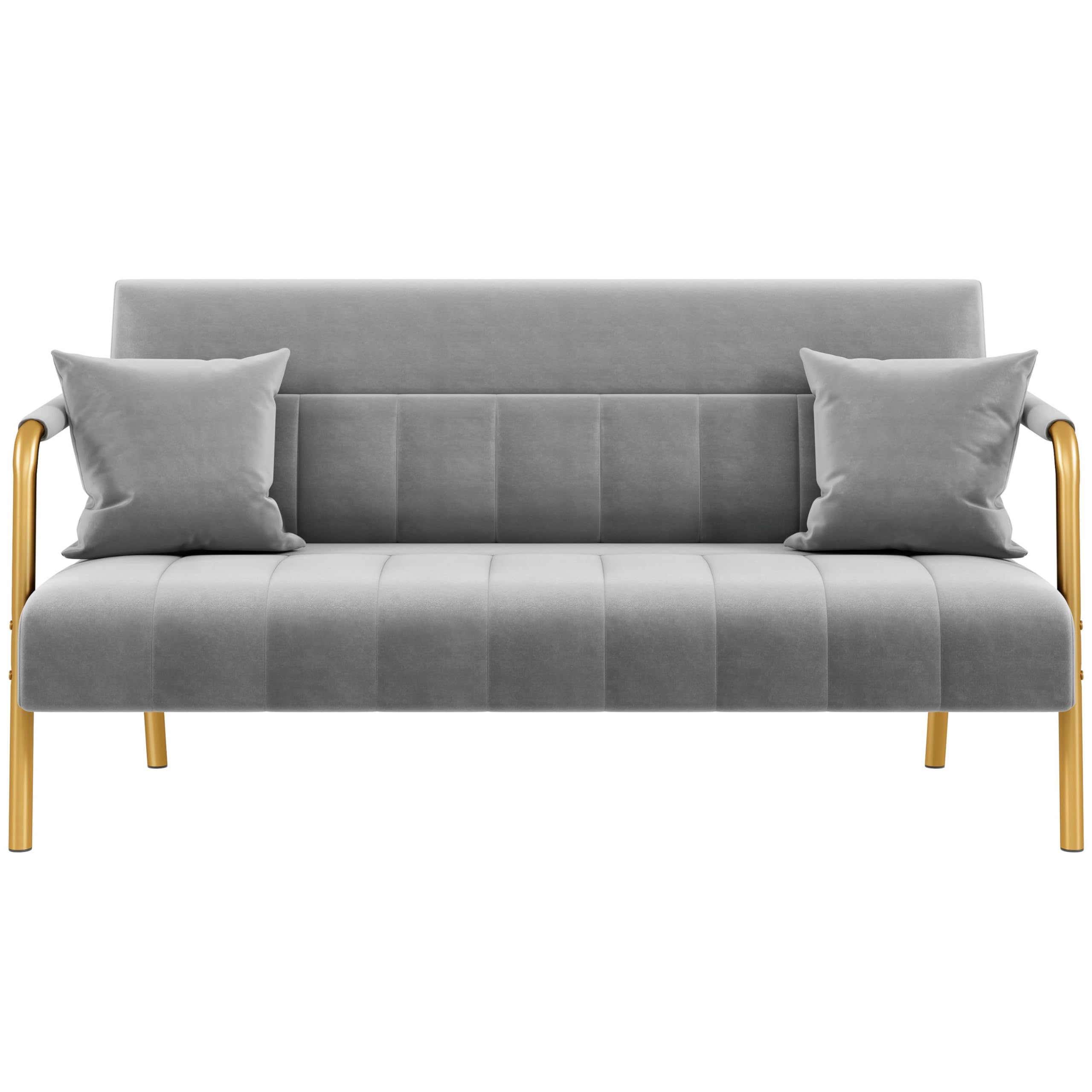 56.5" W Modern Sofa Small Sofa Luxurious Velvet Fabric Couch with Gold-Tone Metal Arms and Legs for Living Room, Office, Studio Light Gray
