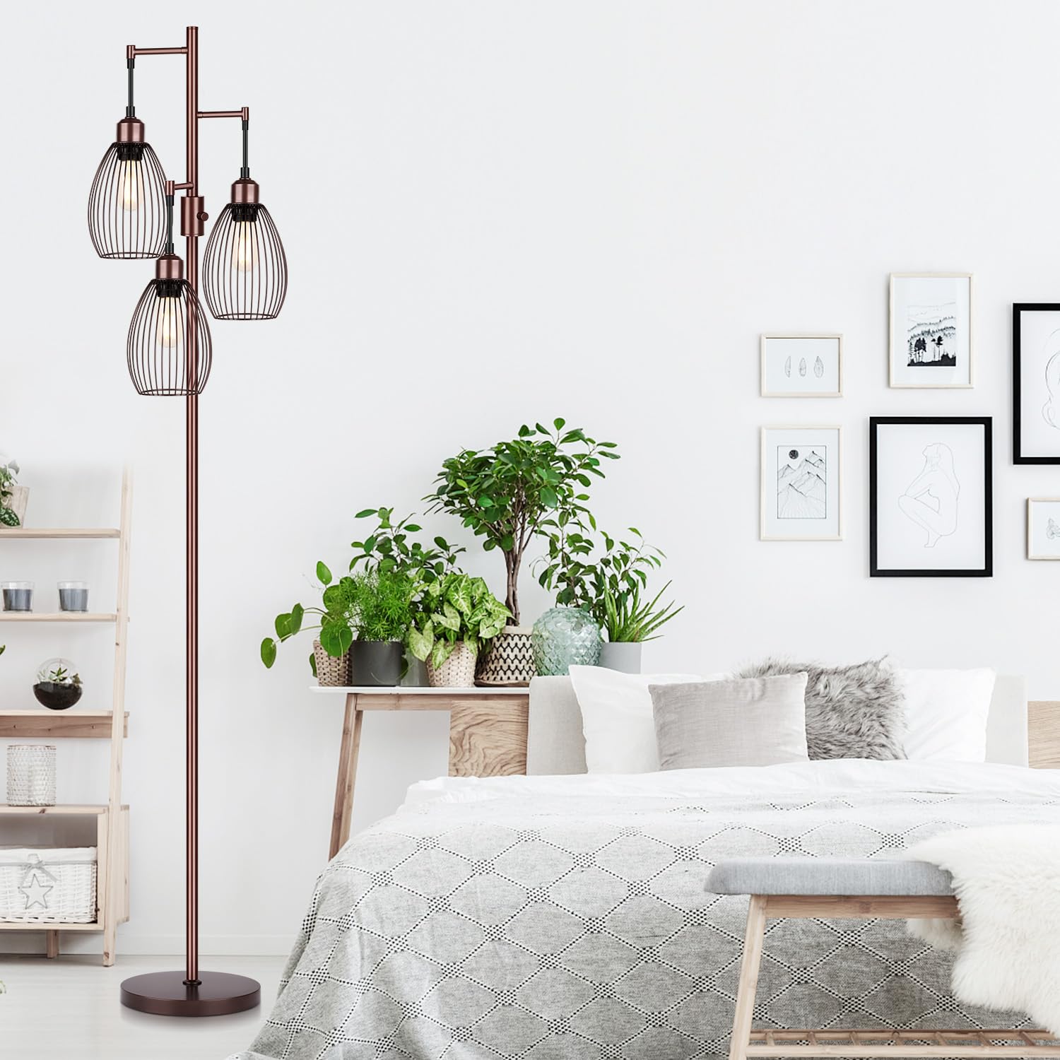 Floor Lamp, 3 x 800LM LED Edison Bulbs Included, Farmhouse Industrial Floor Lamp Standing Lamp with Elegant Teardrop Cage Head Tall Lamp for Living Room Bedroom Office Dining Room - Brown