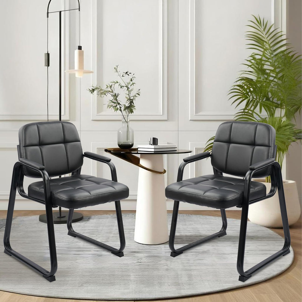 6 Pack, Waiting Room Guest Chair with Bonded Leather Padded Arm Rest for Office Reception and Conference Desk Black with Sled Base