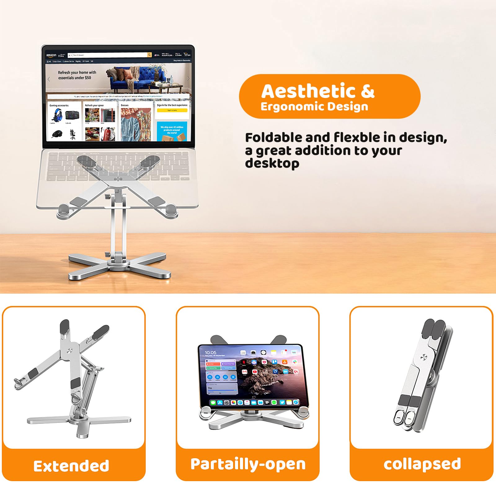 Rotating Laptop Stand, Adjustable Height & Angle, Ergonomic Metal Riser for Desk Collaborative Work, Fully Foldable for Easy Storage, Fits All MacBook & Laptops up to 16 inches, Silver