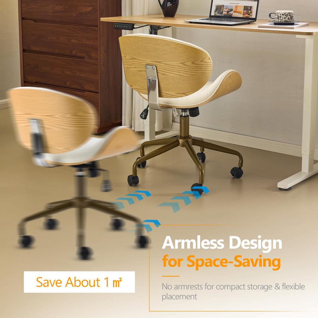 Wide Comfotable Swivel Home Office Chair with Wood-Grain Curved Shell,Ergomomic Mid-Back Padded Armless Rolling Desk Chair with Wheels,Height Adjustable for Computer,Task,Work,PU Leather,White