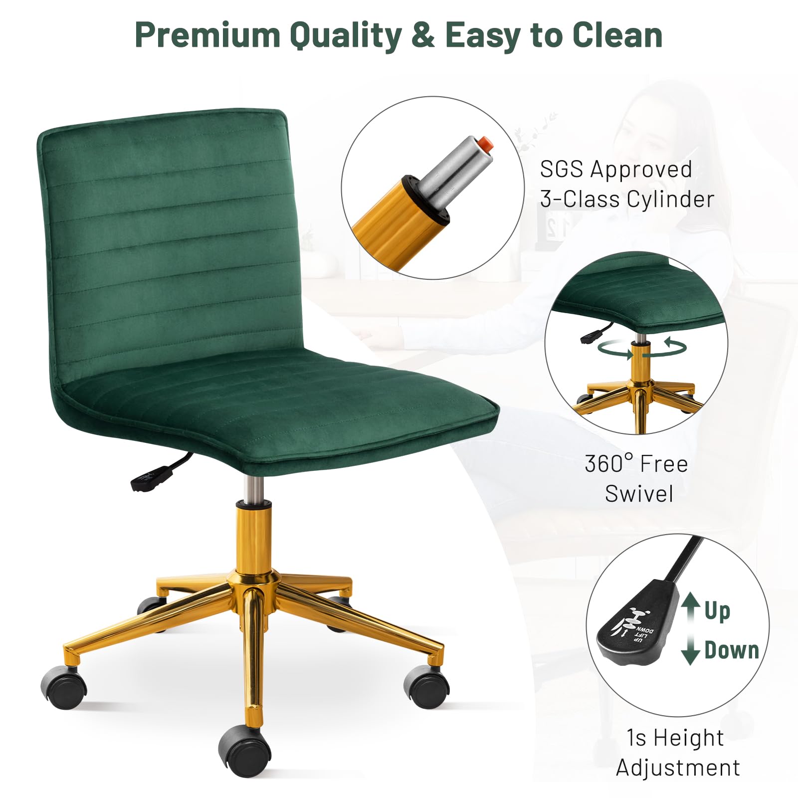 Armless Vanity Chair with Wheels, Computer Rolling Desk Chair with Back Soft Velvet Fabic Height Adjustable Gold Metal Base Swivel Stool Chairs,DarkGreen