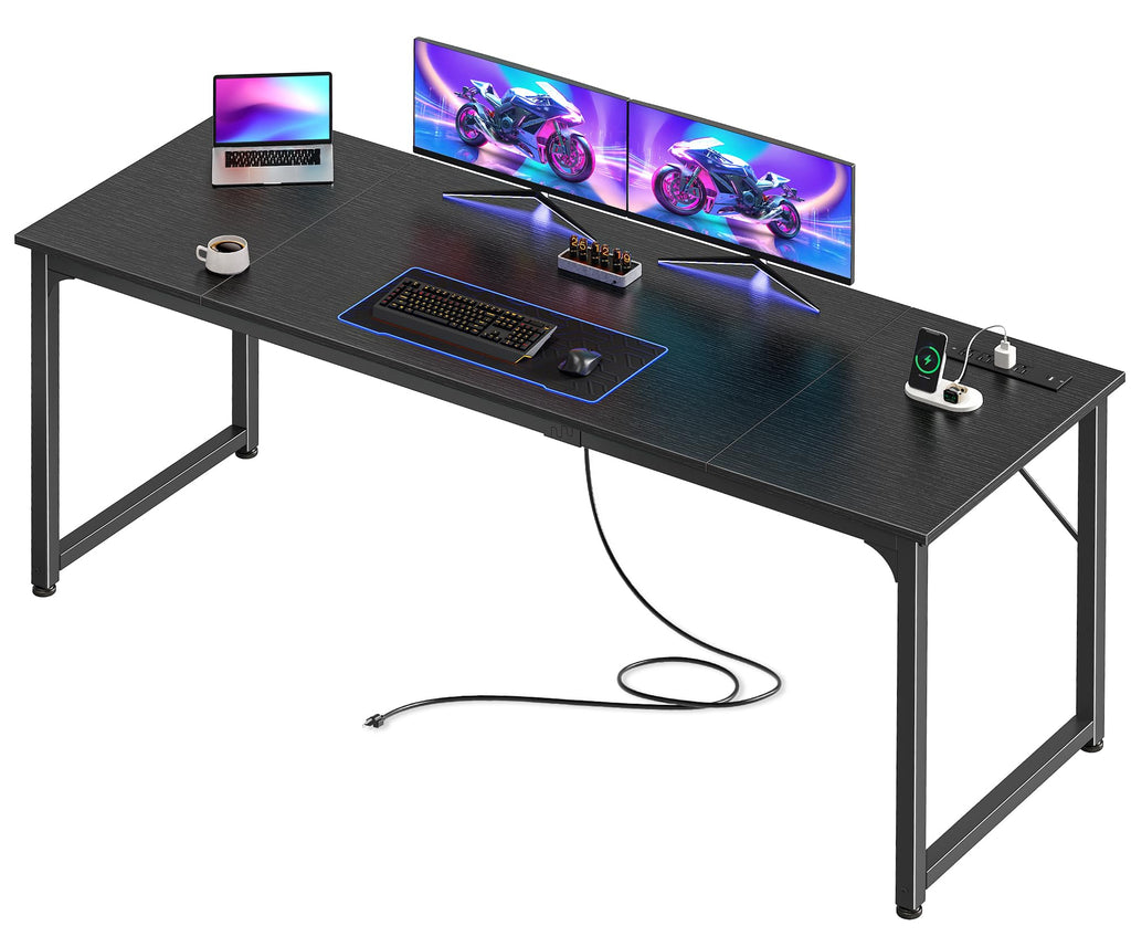 70 X 24 Inch Office Computer Desk with Power Outlets and USB-C Port, Larger and Longer Gaming Desk, for Home Office, Study, Writing Work from Home Table, Metal Frame, Black