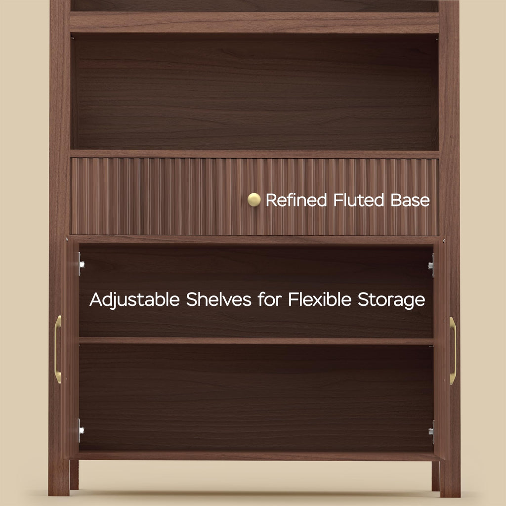 Book Shelf 70" Tall Bookcase with Drawer, 7-Tier Arched Cabinet with Storage and Fluted Door, Mid-Century Modern Modular Arch Bookshelf for Office Living Room Bedroom Library (Walnut, 3)