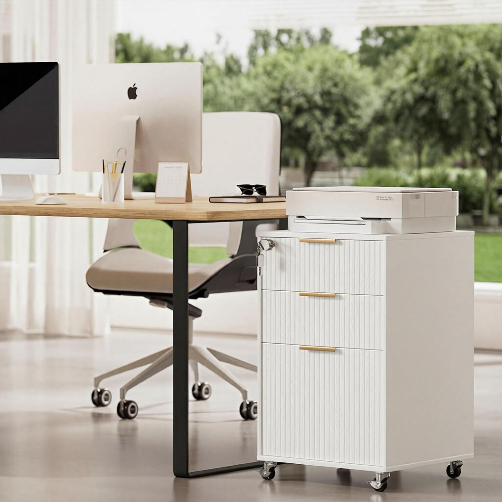 3 Drawers Fluted Mobile File Cabinet with Lock, Rolling File Cabinet Printer Stand Table, Under Desk Wooden Filing Cabinets for Home Office Essentials Storage Organization Furniture Letters/A4(White)