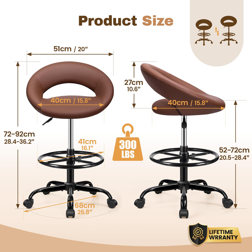 Drafting Chair with Back, Height Adjustable Rolling Stool with Foot Rest, Tall 360° Swivel Stool PU Leather Chair with Wheels for Home Office, Standing Desk, Brown
