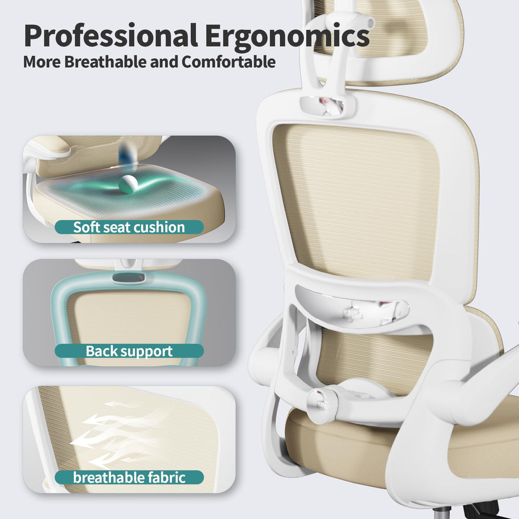 Office Chair Ergonomic Desk Chair, 330 LBS Home Mesh Office Desk Chairs with Wheels, Comfortable Gaming Chairs (Beige)