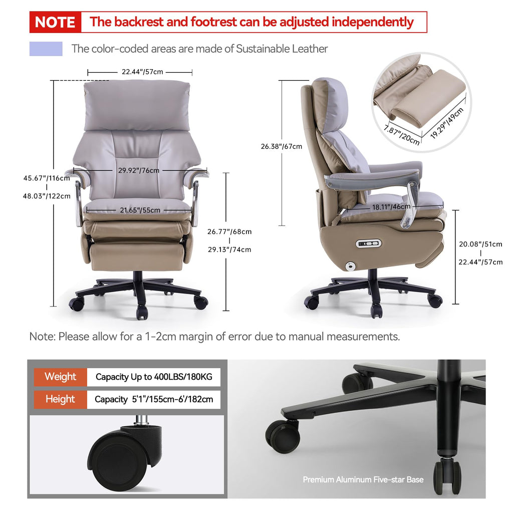 Ergonomic Office Chair with Foot Rest Electric Executive Office Chair Power Reclining with Massage Big and Tall High Back Computer Chair with Wheels, Sustainable Leather（Light Khaki）