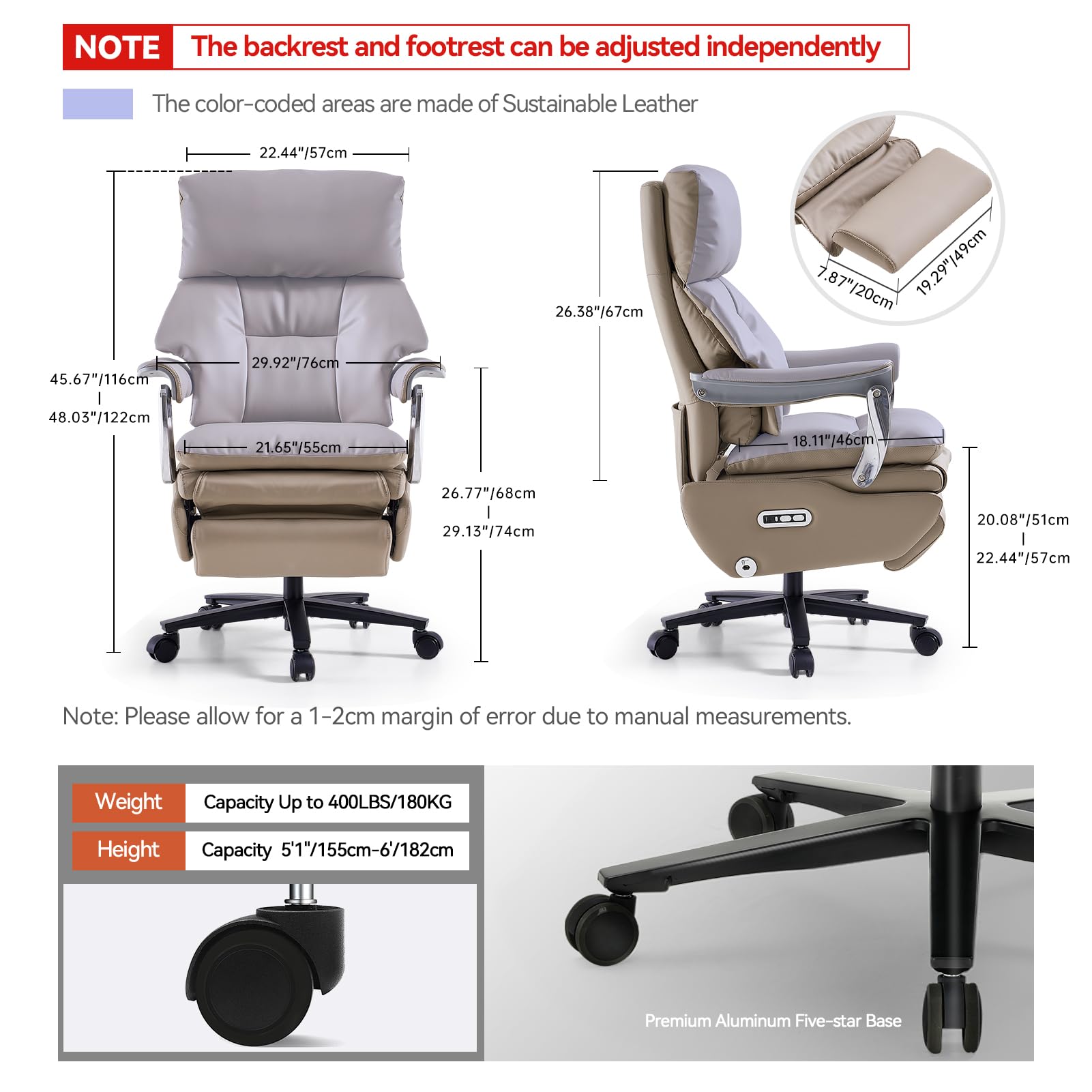 Ergonomic Office Chair with Foot Rest Electric Executive Office Chair Power Reclining with Massage Big and Tall High Back Computer Chair with Wheels, Sustainable Leather（Light Khaki）