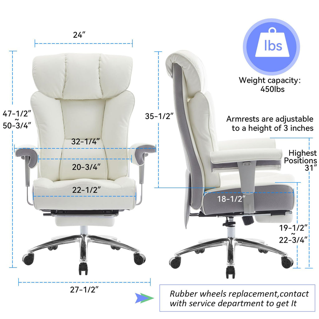 Big and Tall Executive Office Chair 400lbs - White Desk Chair for Women with Footrest, 24" Wide Ergonomic Pocket Spring Cushion Seat, Heavy Duty Computer Chair for Home Office, Gaming