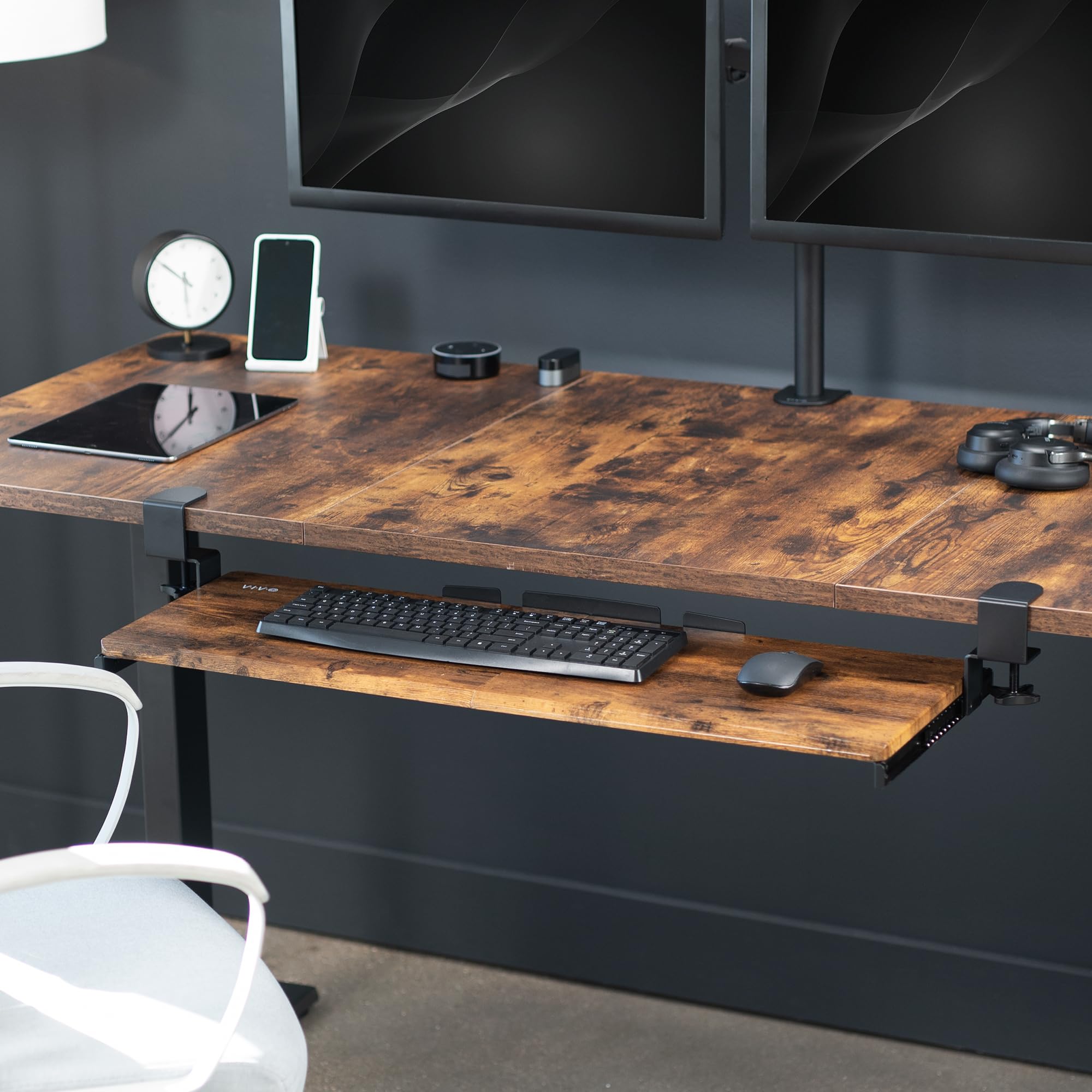 Extra Long Clamp-on Computer Keyboard and Mouse Under Desk Slider Tray, 34 x 11 inch Pull Out Platform Drawer, Rustic Vintage Brown
