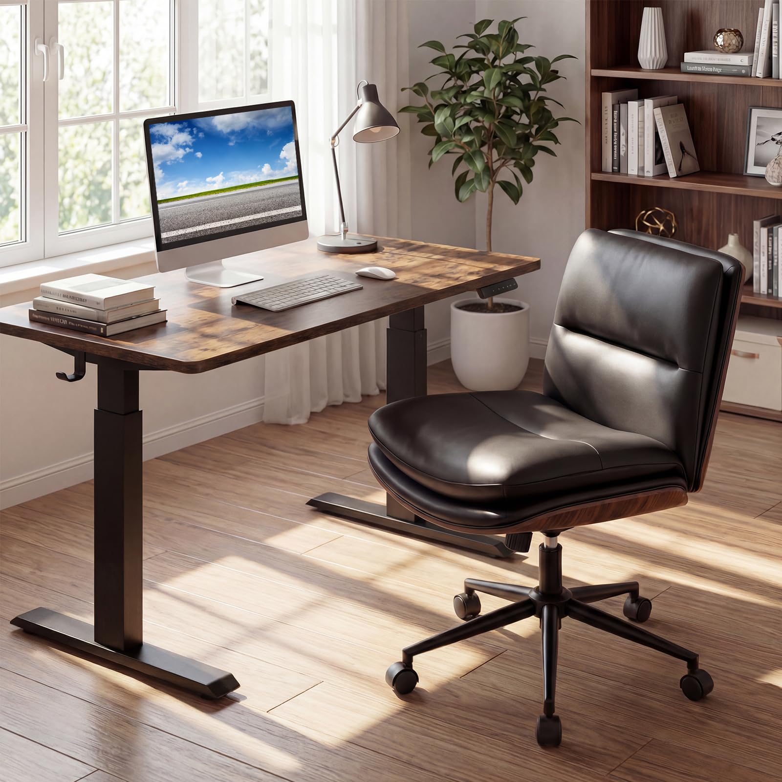 Armless Office Chair with Wheels, PU Leather Height Adjustable Vanity Chair w/Curved Backrest, Mid-Back Criss Cross 360° Swivel Ergonomic Computer Desk Chair for Home Office & Bedroom (Black)