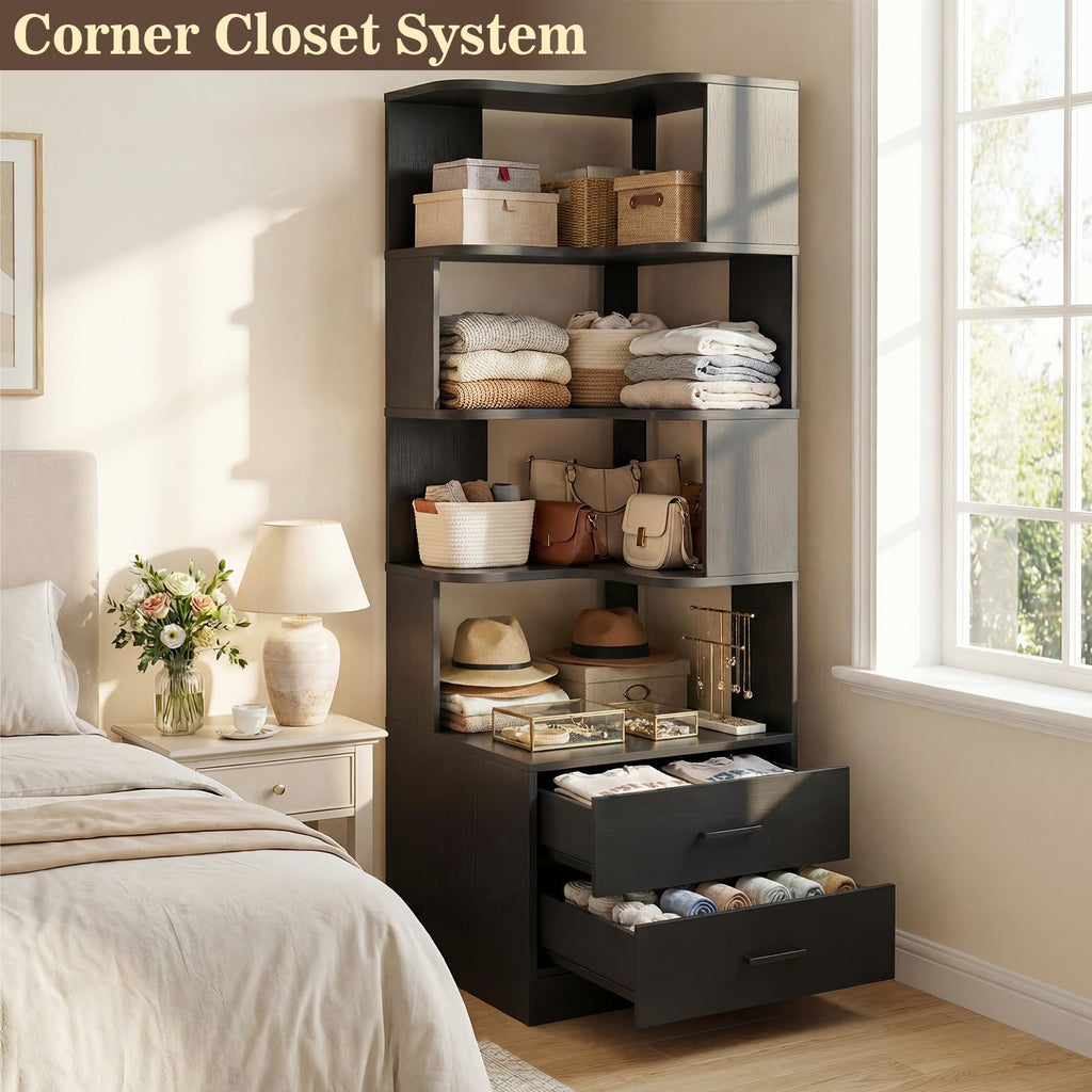 Corner Book Shelf with Drawers, Small Corner Shelf with Drawers