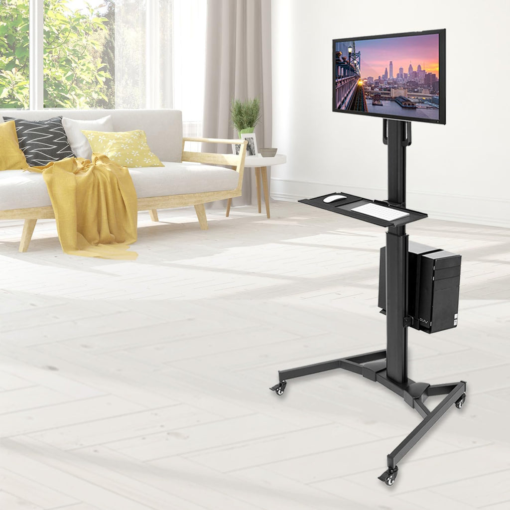Computer Cart Mobile Desk Workstation with Monitor Mount for Screen up to 32", Rolling Computer Desk PC Cart, Keyboard & Mouse Tray, Rolling Stand with Adjustable CPU Holder, 63.5" Tall