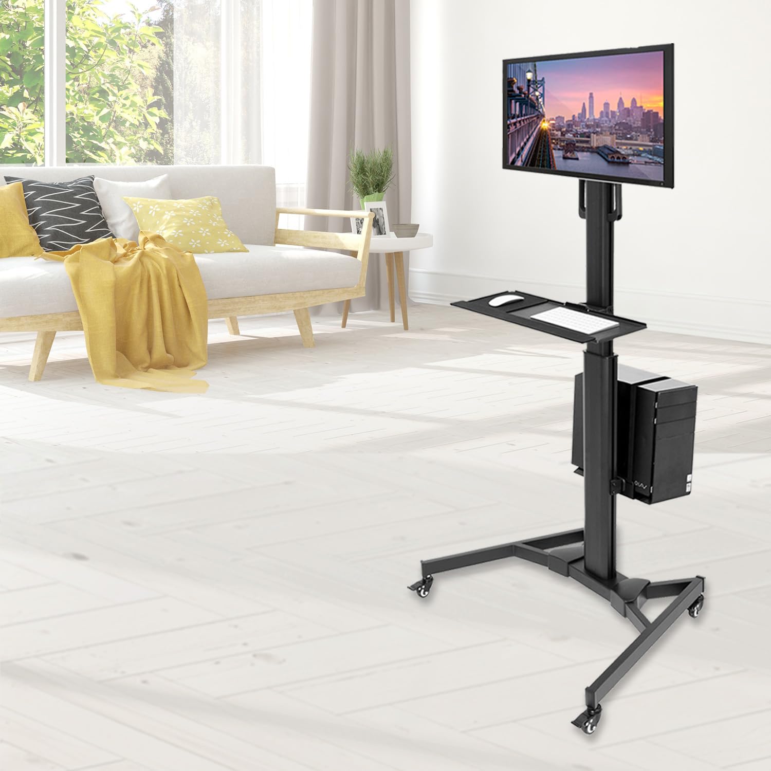 Computer Cart Mobile Desk Workstation with Monitor Mount for Screen up to 32", Rolling Computer Desk PC Cart, Keyboard & Mouse Tray, Rolling Stand with Adjustable CPU Holder, 63.5" Tall