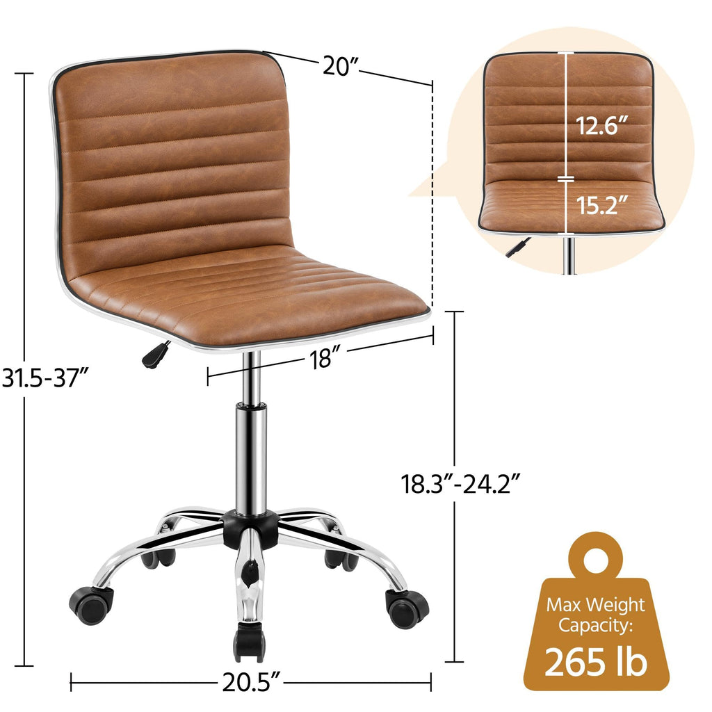 Low Back PU Leather Ribbed Armless Office Chair, Ergonomic Swivel Computer Task Chair with Wheels for Office, Home