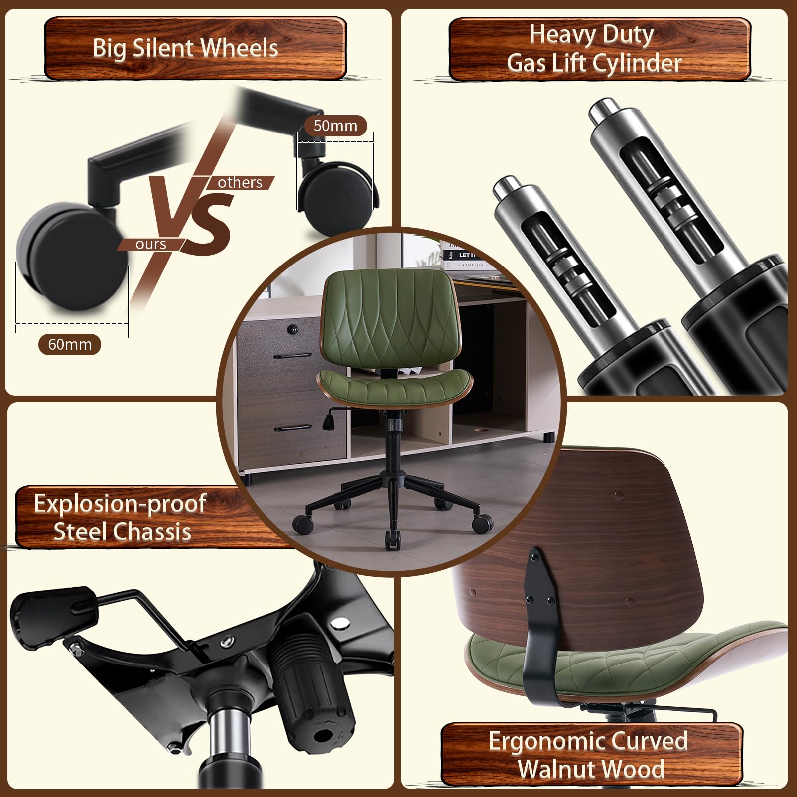 Armless Leather Desk Chair - Modern Office Chair no Arms, Vanity Chair, Mid Century PU Leather Task Chairs, Desk Chairs for Home Small Space, Dorm, Adjust Height Swivel with Wheels, Green