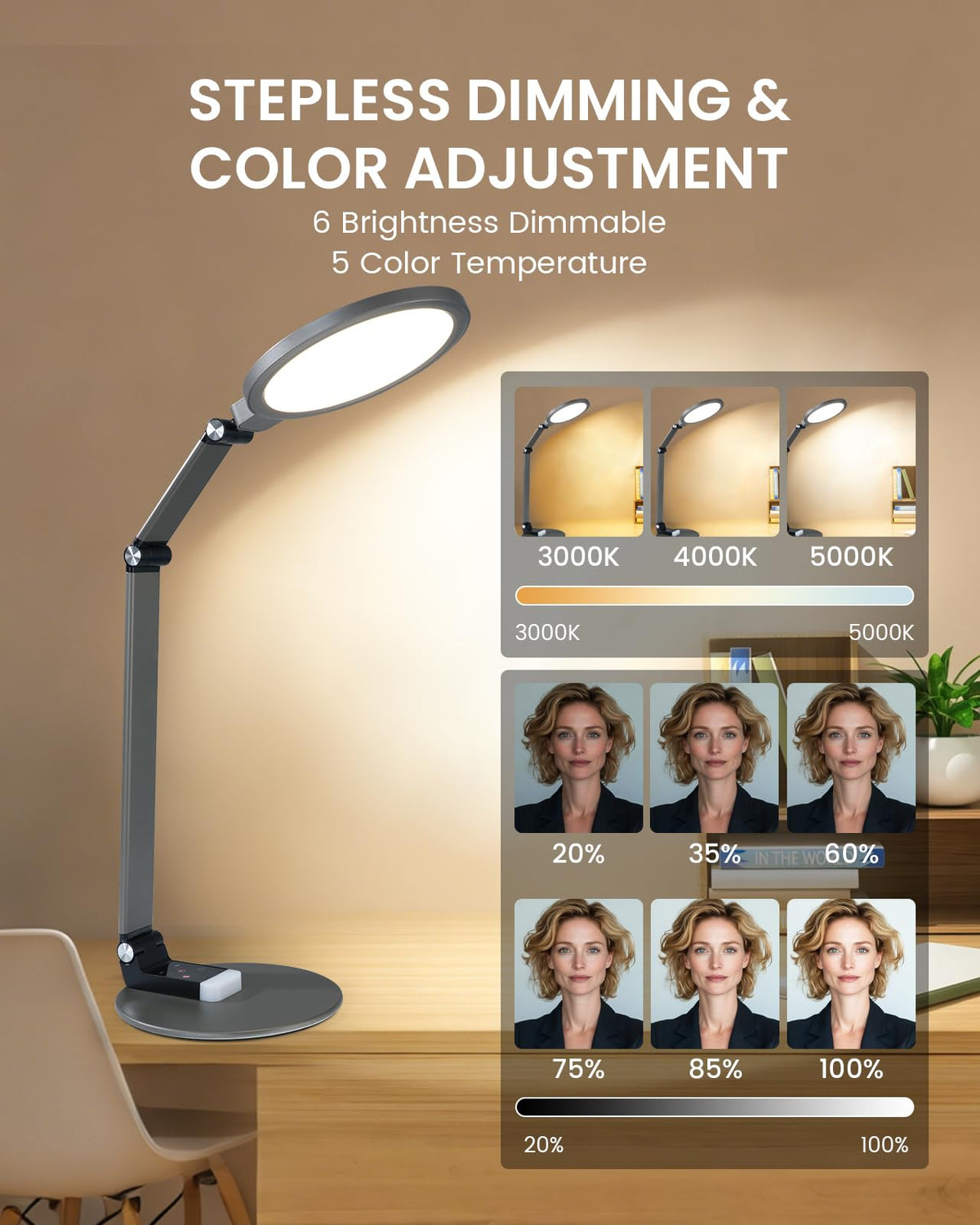 Desk Lamp for Home Office, Eye-Caring Diffused Table Lamp