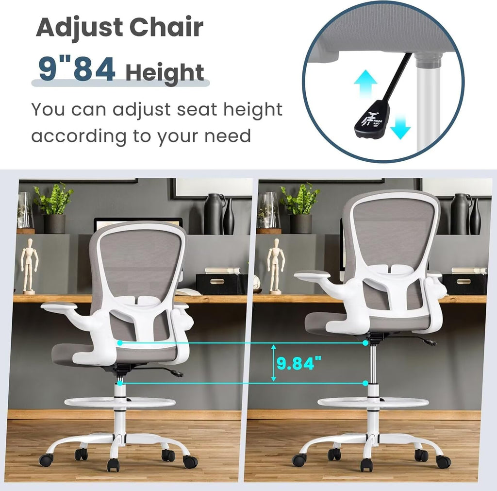 Drafting Chair Tall Office Standing Executive Ergonomic Computer Chair with Flip-Up Armrests, Adjustable Footrest Ring, Lumbar Support, Adjustable Swivel Desk Chair for Home Office (Light Grey)