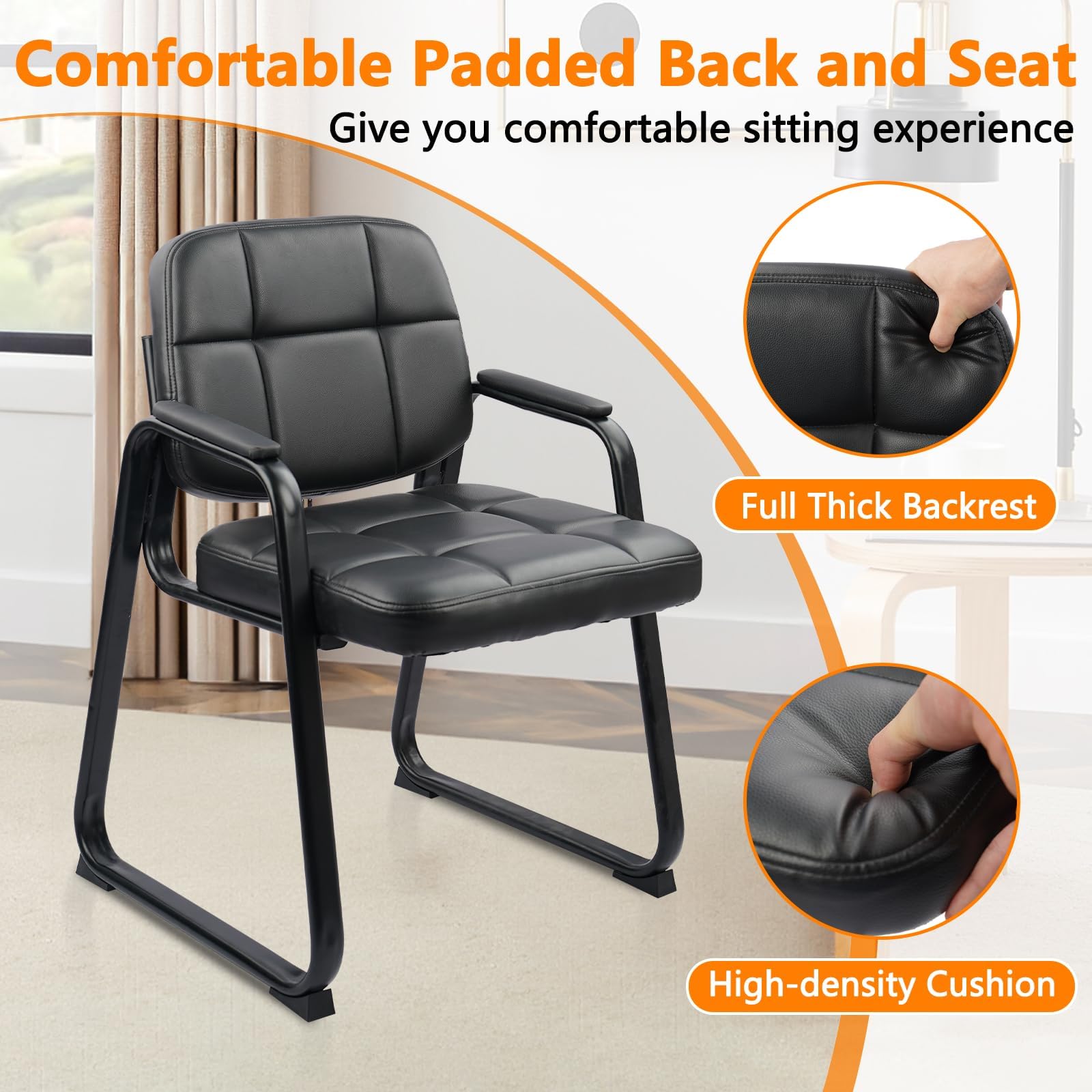 8 Pack, Waiting Room Guest Chair with Bonded Leather Padded Arm Rest for Office Reception and Conference Desk Black with Sled Base