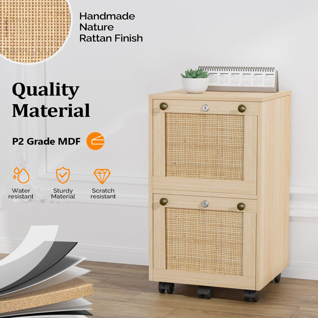 2 Drawer File Cabinet with Lock, Rolling File Cabinets for Home Office, Small Printer Stand, Wood Rattan Oak File Organizer, Under Desk Filing Cabinet on Wheels for Folders with Tabs