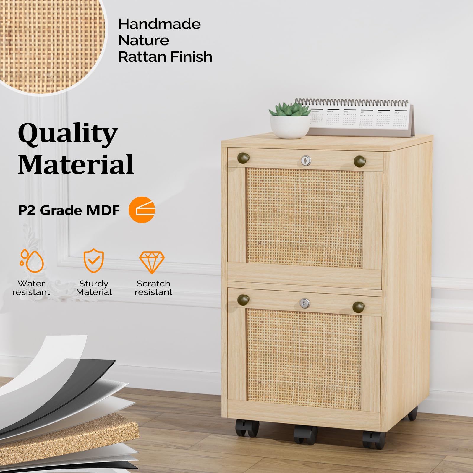 2 Drawer File Cabinet with Lock, Rolling File Cabinets for Home Office, Small Printer Stand, Wood Rattan Oak File Organizer, Under Desk Filing Cabinet on Wheels for Folders with Tabs