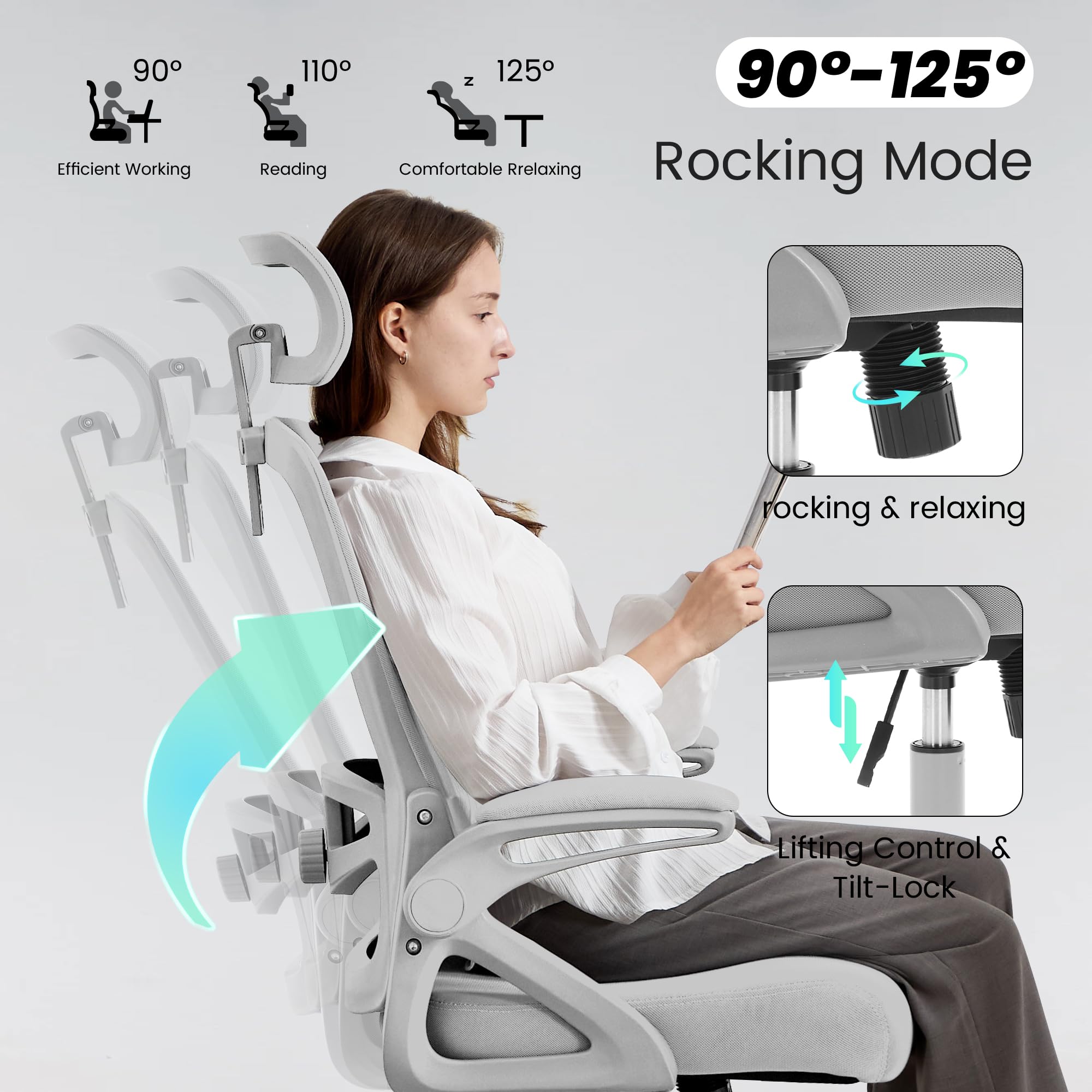 Office Chair, Ergonomic Office Chair with Adjustable Headrest Lumbar Support Computer Chair, 400 lbs Desk Chair Comfy with Flip-up Armrests - Gaming Chairs for Adults Home Office (Gray)