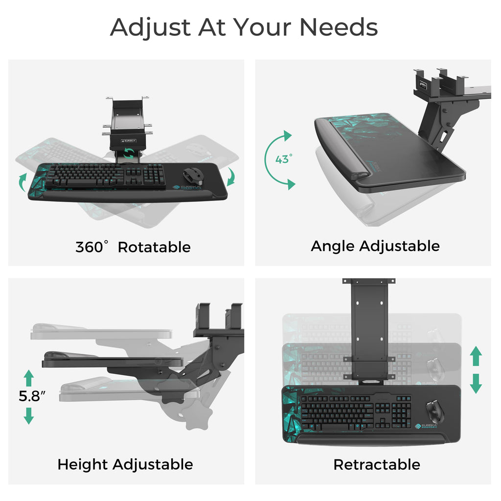 Height Adjustable Mouse & Keyboard Tray Under Desk, 28x10'' Large Slide Out Swivel Tilt Computer Keyboard Drawer with Pad for Gaming Home Office, Dual Mount