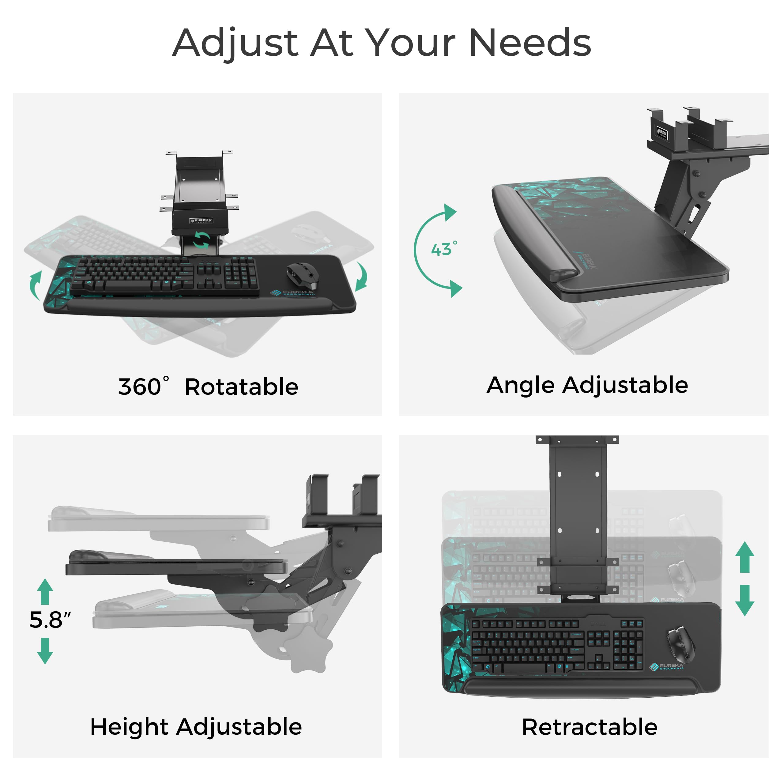 Height Adjustable Mouse & Keyboard Tray Under Desk, 28x10'' Large Slide Out Swivel Tilt Computer Keyboard Drawer with Pad for Gaming Home Office, Dual Mount