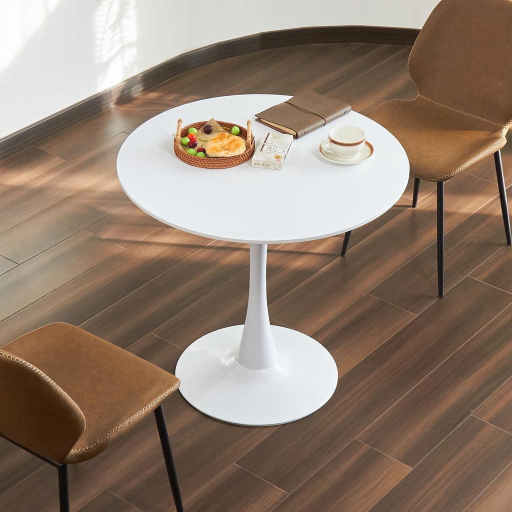 Hansweld Round Dining Table, 24" Circle Tulip Table with Thickened Tabletop & Metal Pedestal, Mid Century Modern Bistro Table for Kitchen, Small Places, Living Room, Cafe (White)