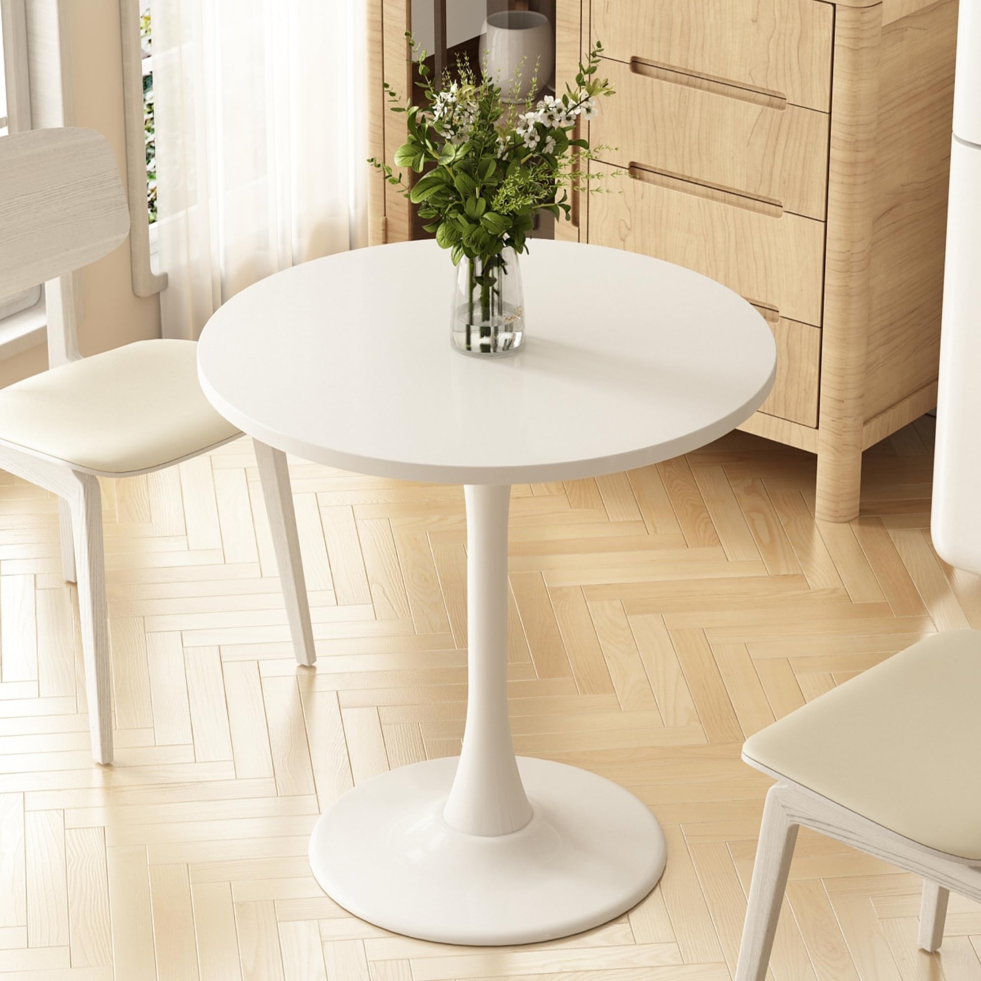 Kasinali Round Dining Table 27.5" Circle Tulip Table with Wood Thickened Tabletop & Sturdy Metal Pedestal Mid Century Modern Leisure Bistro Kitchen Tables 4 People Small Places Living Room Cafe,White