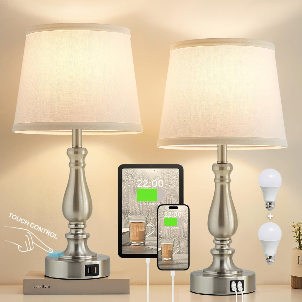 Table Lamps for Bedrooms Set of 2 - Touch Bedside Lamps with USB C+A Ports,Dimmable White Nightstand Lamps for End Tables, Farmhouse Night Stand Lamps for Living Room Bed Side Guest Room