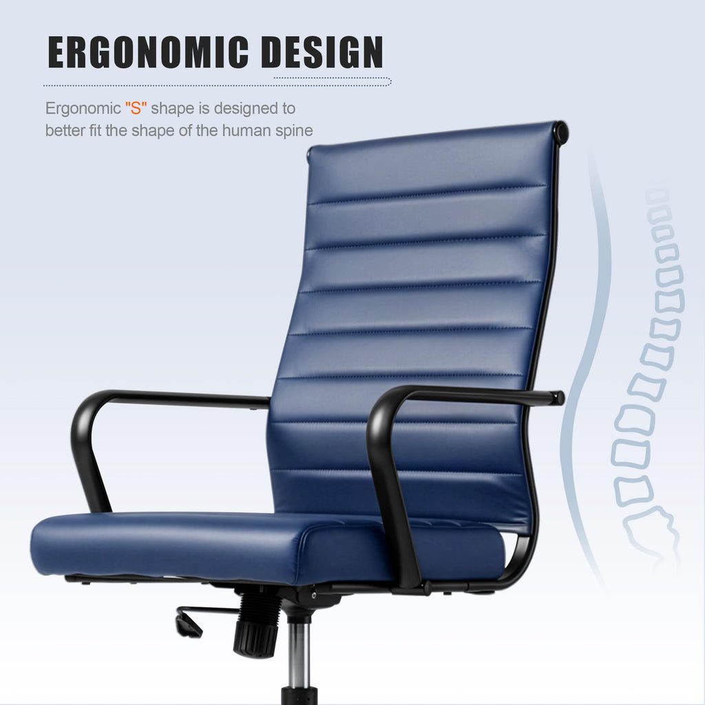 Blue Leather Office Desk Chair, Conference Room Chairs Executive Chair Ribbed, Ergonomic Height Adjustable Swivel Rolling Chair for Home Office.