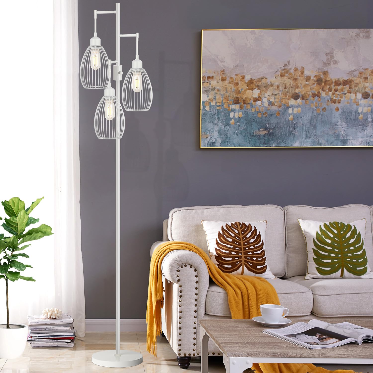 Floor Lamp, 3 x 800LM LED Edison Bulbs Included, Farmhouse Industrial Floor Lamp Standing Lamp with Elegant Teardrop Cage Head Tall Lamp for Living Room Bedroom Office Dining Room - White