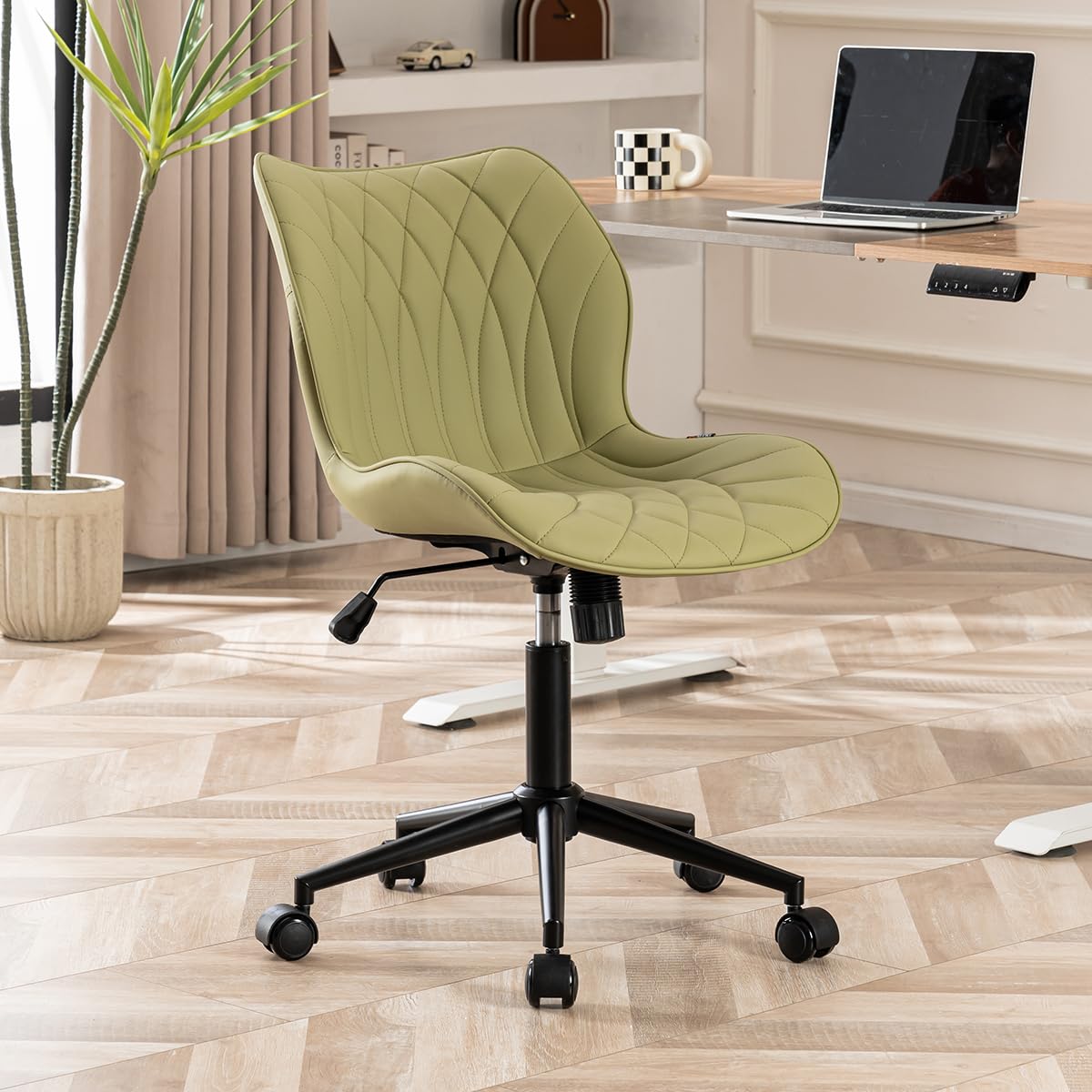 Armless Desk Chair Comfy Office Chair with Wheels Home Ergonomic Task Chair Adjustable Computer Chairs Modern Faux Leather Swivel Chair Upholstered Makeup Vanity Chair with Back(Avocado)