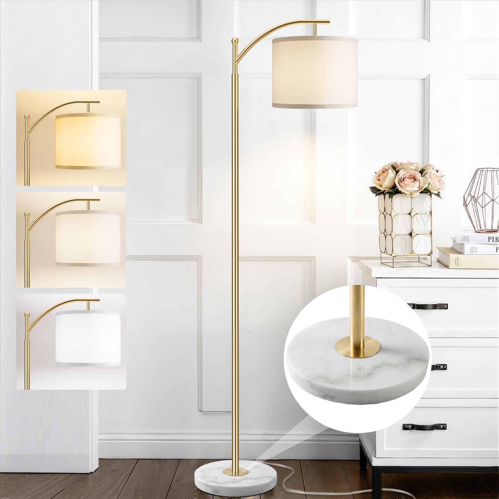 Gold Floor Lamp for Living Room with Marble Base, Modern Standing Lamp with 3 Color Temperatures Bulb & Adjustable Linen Shade, Tall Lamp for Bedroom Office Reading Nursery