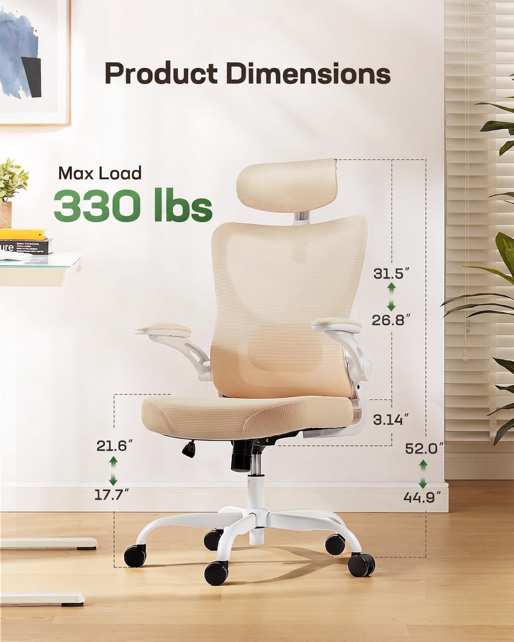 Ergonomic Office Chair: Office Computer Desk Chair with High Back Mesh and Adjustable Lumbar Support Rolling Work Swivel Task Chairs with Wheel 3D Armrests and Headrest (White)