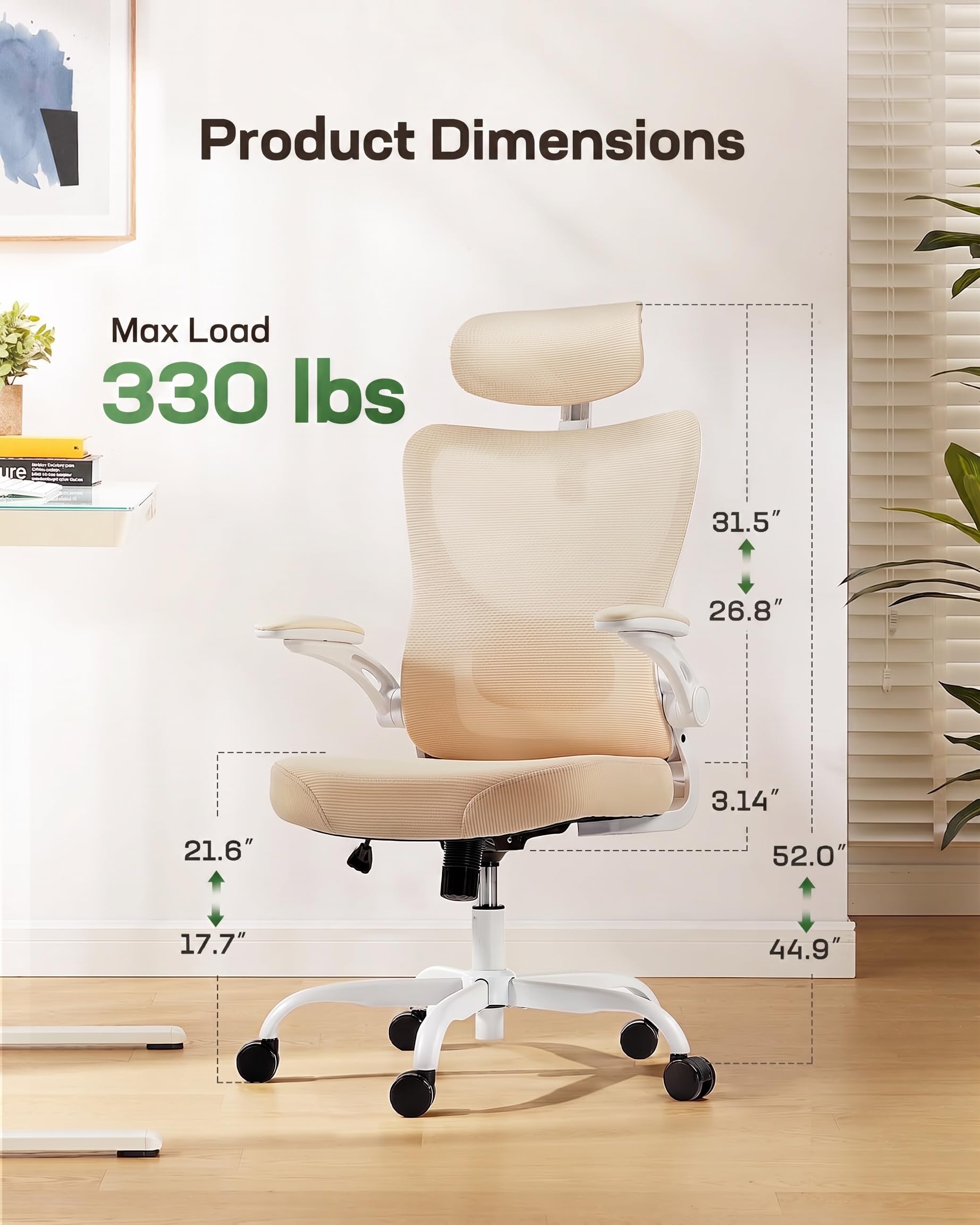 Ergonomic Office Chair: Office Computer Desk Chair with High Back Mesh and Adjustable Lumbar Support Rolling Work Swivel Task Chairs with Wheel 3D Armrests and Headrest (White)