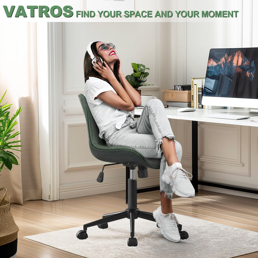 Armless Office Chair, Height Adjustable Desk Chair with Wheels, Ergonomic Comfy 360° Swivel Home Office Computer Task Chair, Faux Leather Padded Cute Vanity Chair,Green