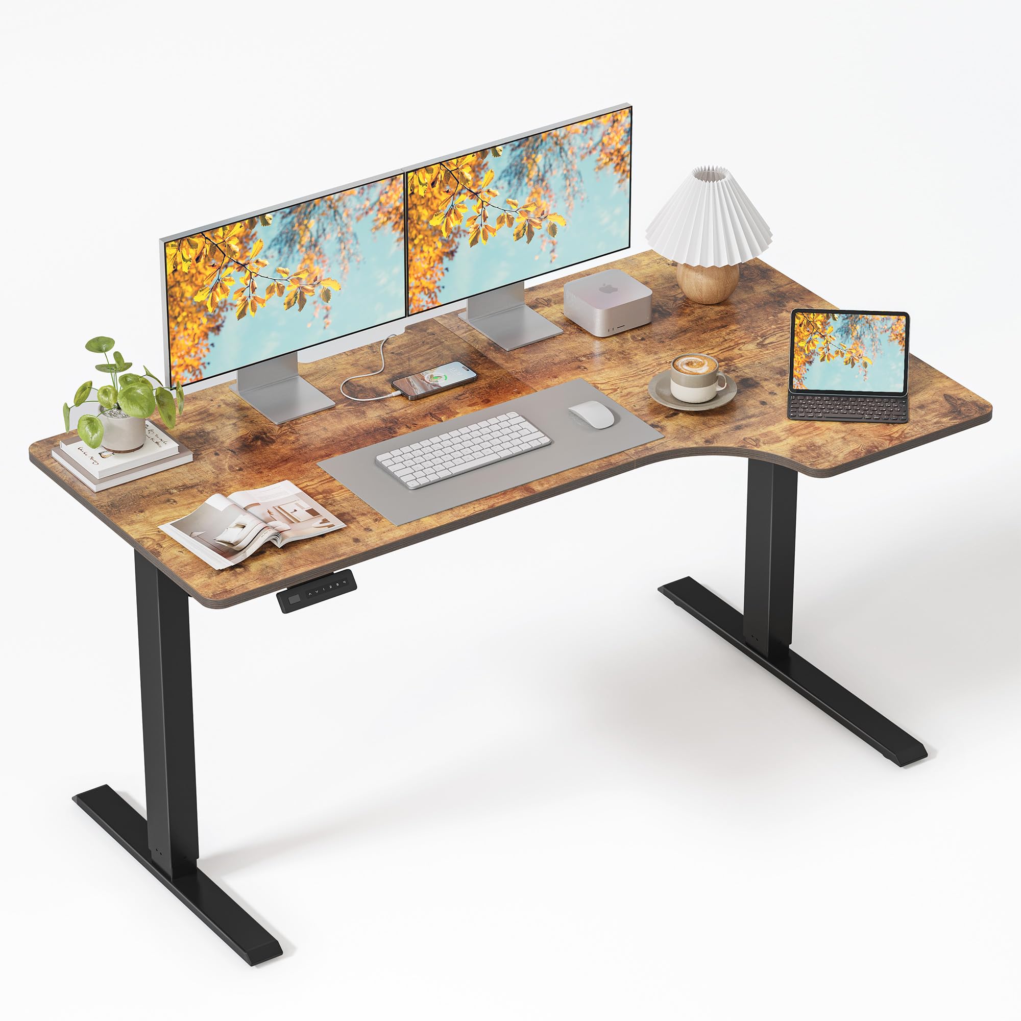L Shaped Electric Corner Standing Desk, 55×32 inch Home Office & Computer Height Adjustable Table with 4 Memory Height Settings, Ergonomic Sit and Stand desk with Splice Board, Rustic Brown Top