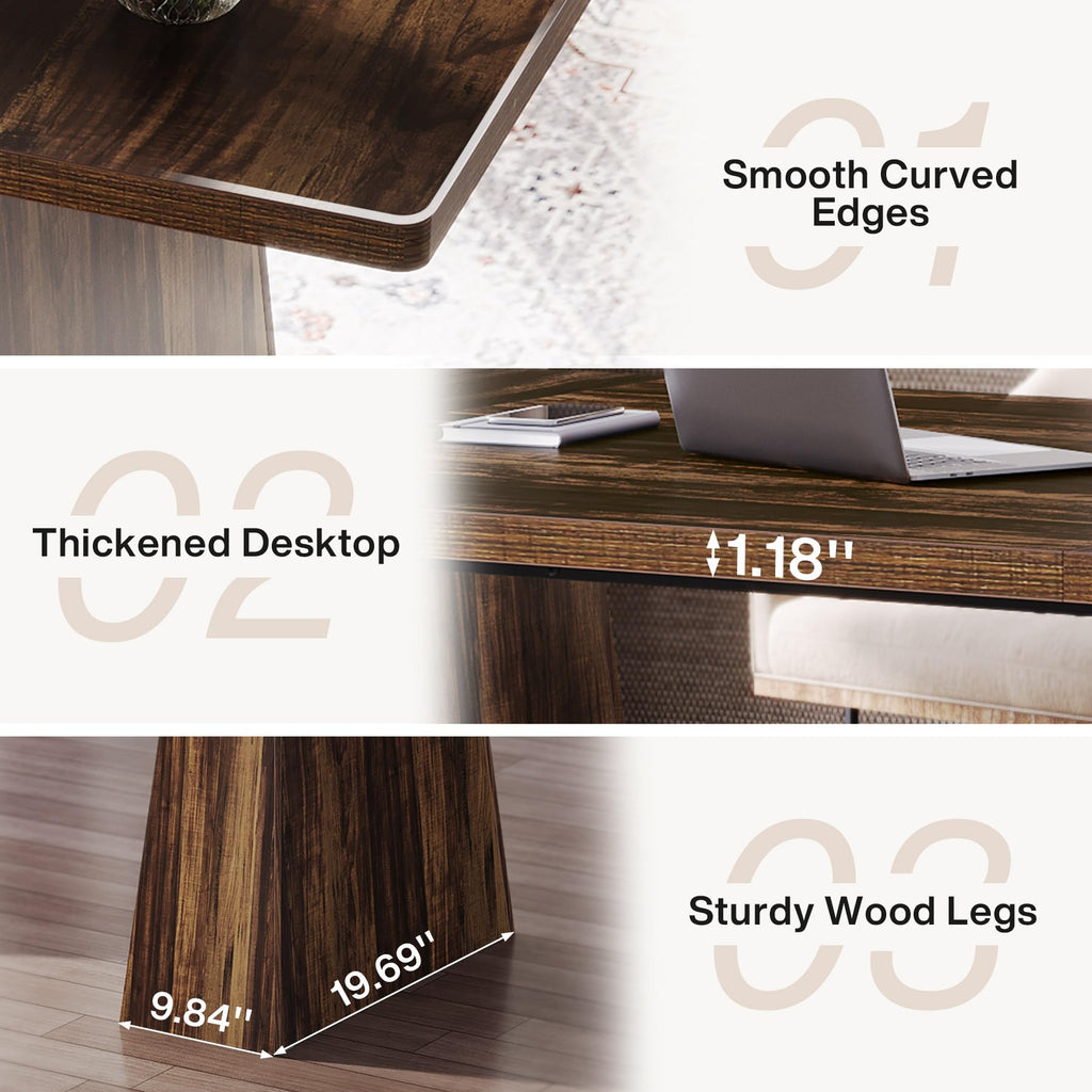 63-Inch Executive Desk, Large Office Computer Desk with Double Pedestal, Modern Simple Workstations Writing Table Conference Table Business Furniture for Home Office, Rustic Brown