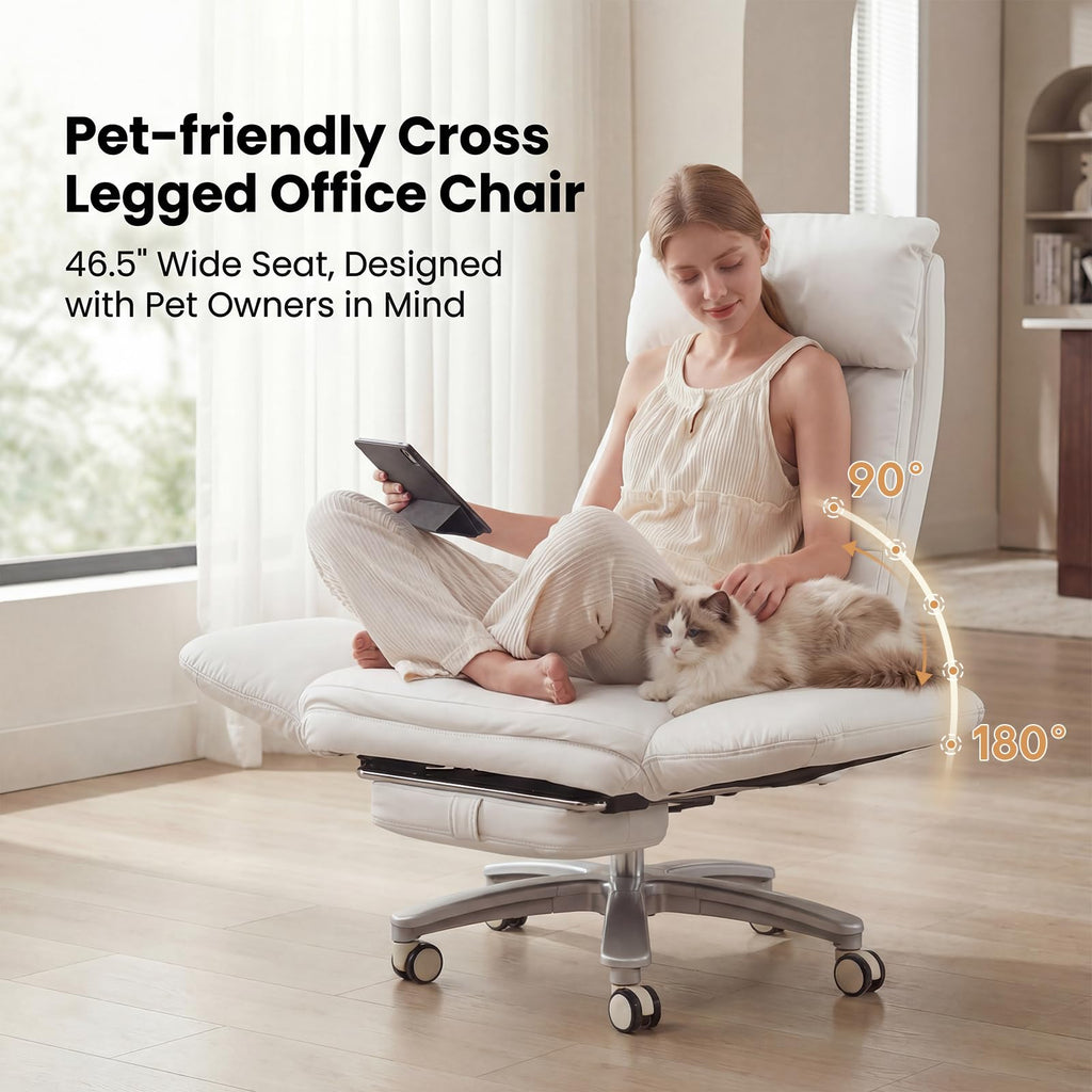 Cross Legged Office Chair with Pets Friendly Seat, Plus Size Criss Cross Desk Chair, Big and Tall Office Chair with Foot Rest, Reversible Armrests & Wide Seat, Cream White