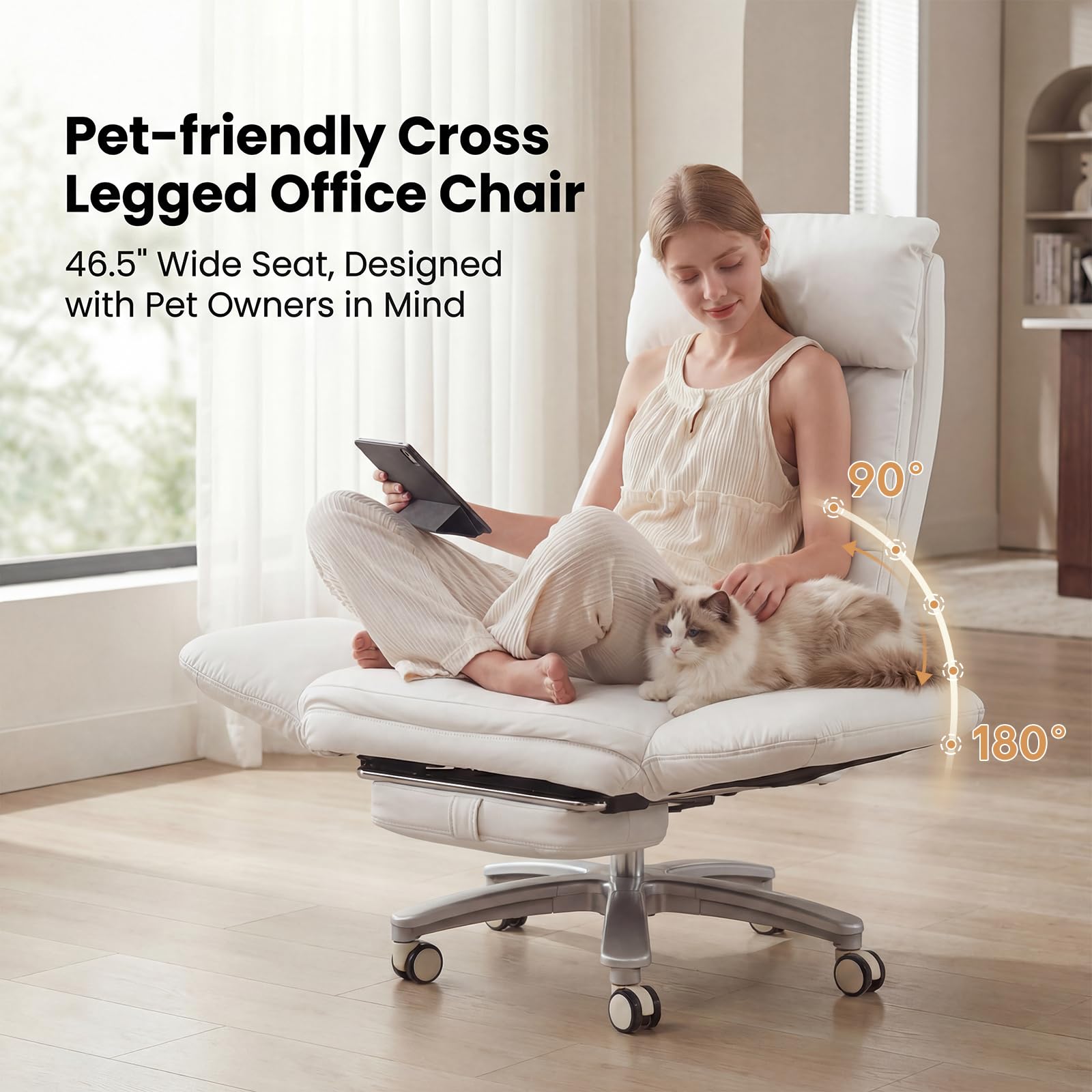 Cross Legged Office Chair with Pets Friendly Seat, Plus Size Criss Cross Desk Chair, Big and Tall Office Chair with Foot Rest, Reversible Armrests & Wide Seat, Cream White
